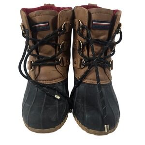 Tommy Hilfiger Womens Duck Boots Tan Black Lace Up Winter Snow Shoes Size 7M